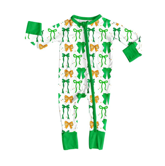 9.9 Preorder (moq 5)Baby Girls Green Orange Bows Hearts St Patrick Zipper Footie Rompers