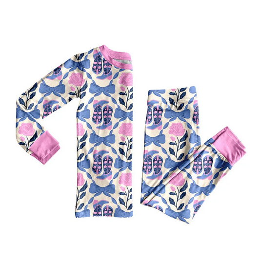9.9 Preorder (moq 5)Baby Girls Pink Blue Bows Flowers Boots Top Pants Pajamas Sets