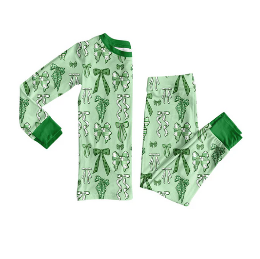 9.9 Preorder (moq 5)Baby Girls Green Bows Top Pants St Patrick Pajamas Sets