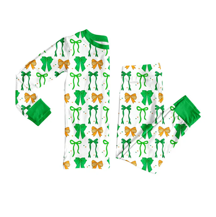 9.9 Preorder (moq 5)Baby Girls Green Orange Bows Hearts Top Pants St Patrick Pajamas Sets