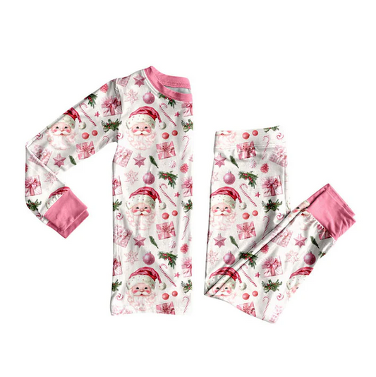 9.9 Preorder (moq 5)Baby Girls Pink Santa Lights Top Pants Christmas Pajamas Sets
