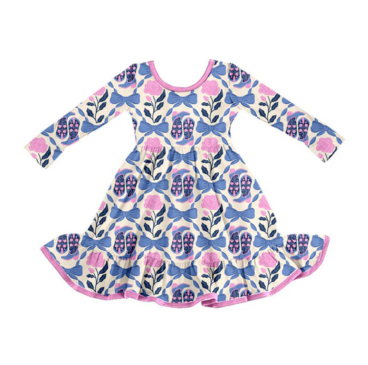 9.9 Preorder (moq 5)Baby Girls Pink Blue Bows Flowers Boots Ruffle Knee Length Dresses