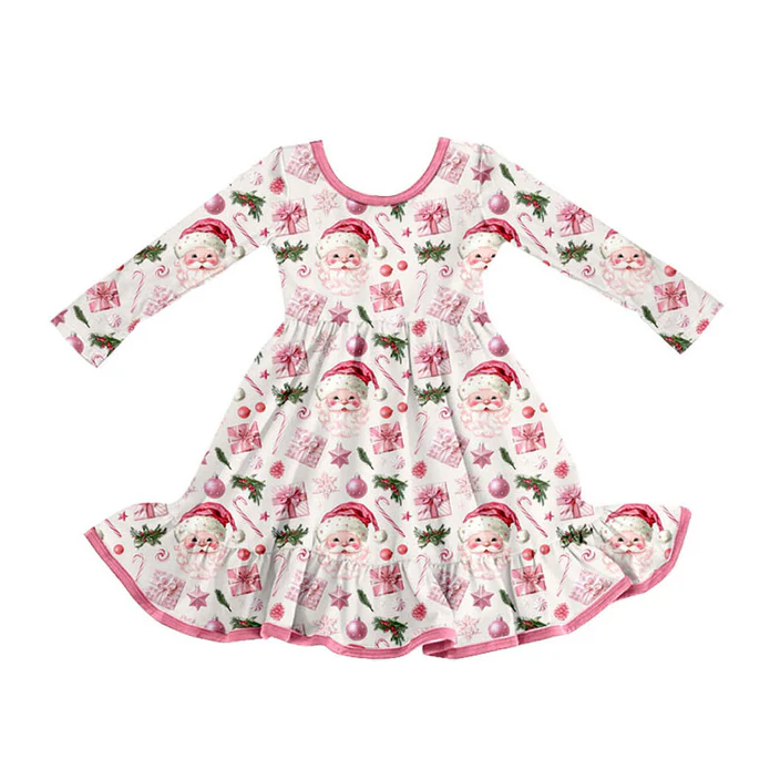 9.9 Preorder (moq 5)Baby Girls Pink Santa Lights Christmas Ruffle Knee Length Dresses