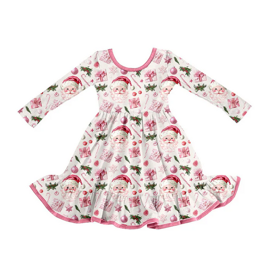 9.9 Preorder (moq 5)Baby Girls Pink Santa Lights Christmas Ruffle Knee Length Dresses