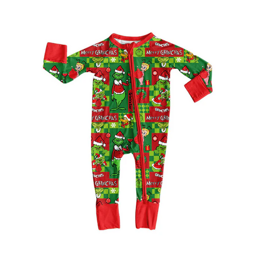 9.9 Preorder (moq 5)Baby Boys Green Faces Miss Christmas Zipper Footie Rompers