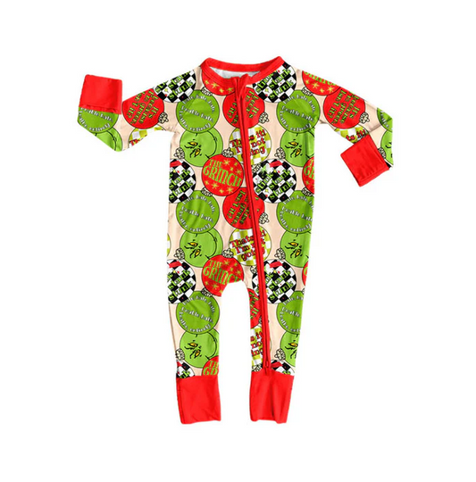 9.9 Preorder (moq 5)Baby Boys Green Red Lights Christmas Zipper Footie Rompers