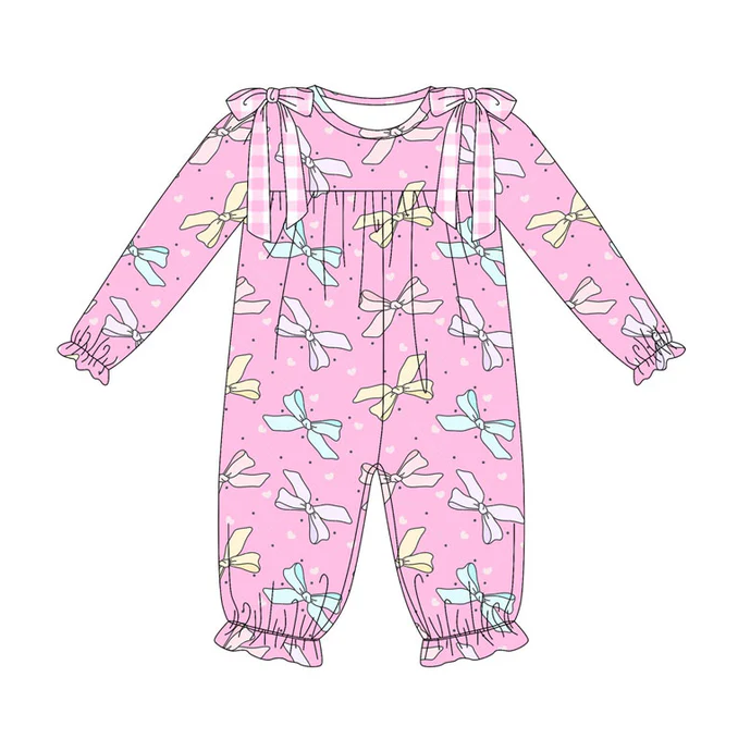 9.9 Preorder (moq 5)Baby Girls Pink Hearts Bows Valentine Ruffle Footie Rompers