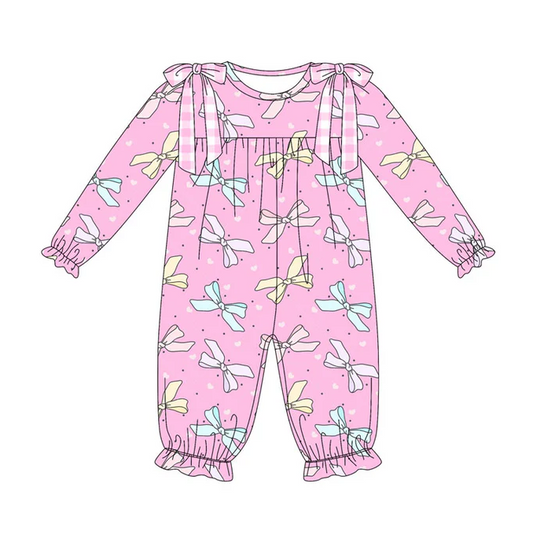 9.9 Preorder (moq 5)Baby Girls Pink Hearts Bows Valentine Ruffle Footie Rompers
