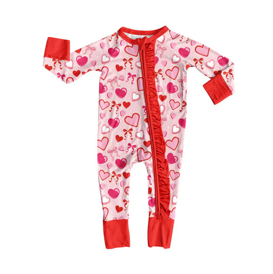 9.9 Preorder (moq 5)Baby Girls Red Hearts Bows Valentine Ruffle Zipper Footie Rompers