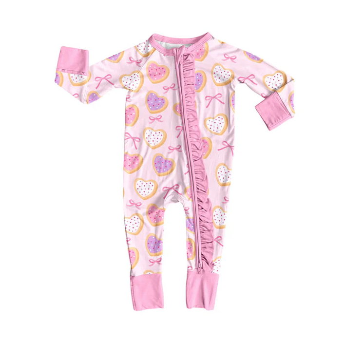9.9 Preorder (moq 5)Baby Girls Pink Hearts Bows Valentine Ruffle Zipper Footie Rompers