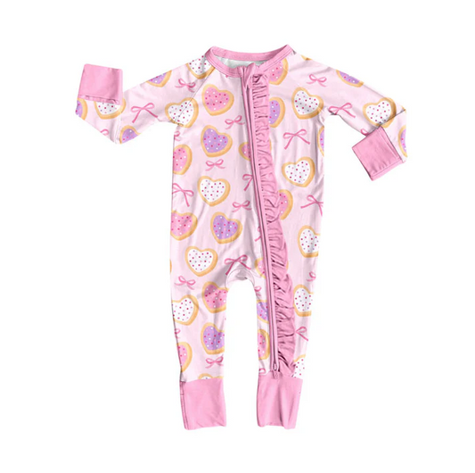 9.9 Preorder (moq 5)Baby Girls Pink Hearts Bows Valentine Ruffle Zipper Footie Rompers