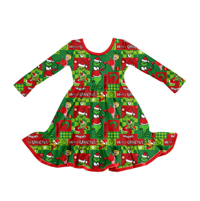 9.9 Preorder (moq 5)Baby Girls Green Faces Miss Christmas Ruffle Knee Length Dresses