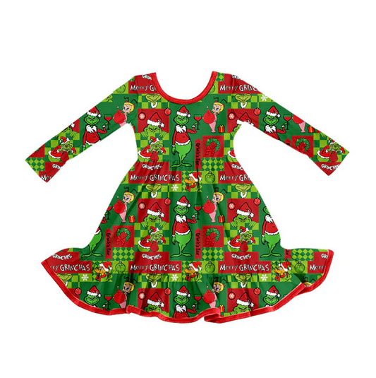 9.9 Preorder (moq 5)Baby Girls Green Faces Miss Christmas Ruffle Knee Length Dresses
