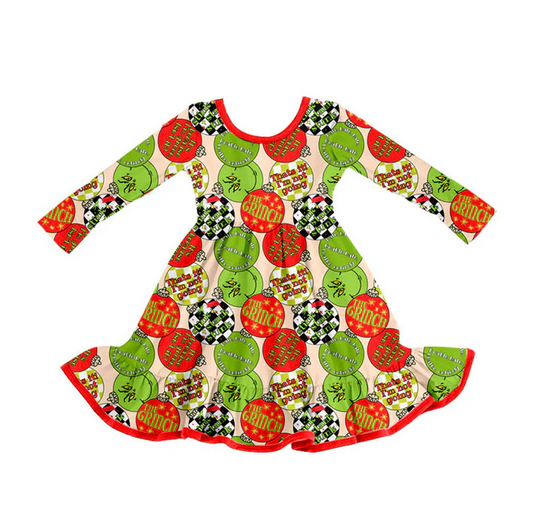 9.9 Preorder (moq 5)Baby Girls Green Red Lights Christmas Ruffle Knee Length Dresses