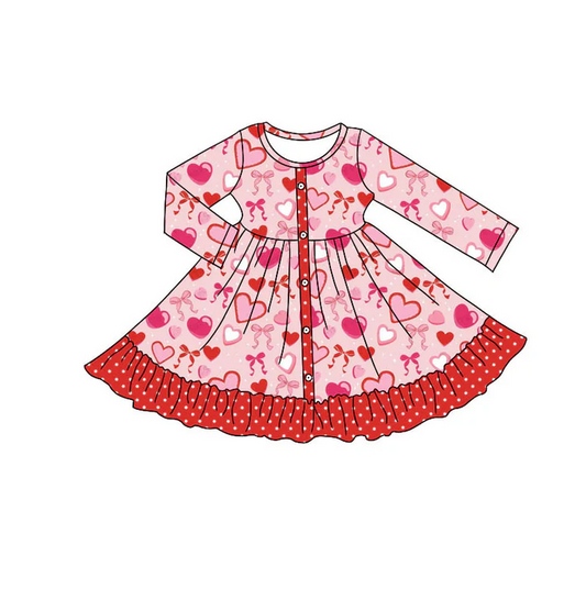 9.9 Preorder (moq 5)Baby Girls Red Hearts Bows Button Valentine Ruffle Knee Length Dresses