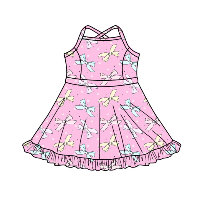 9.9 Preorder (moq 5)Baby Girls Strap Pink Hearts Bows Shorts Ruffle Valentine Knee Length Dresses