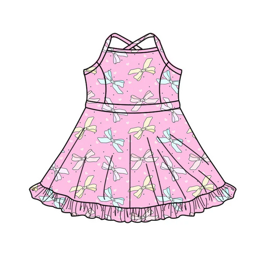 9.9 Preorder (moq 5)Baby Girls Strap Pink Hearts Bows Shorts Ruffle Valentine Knee Length Dresses