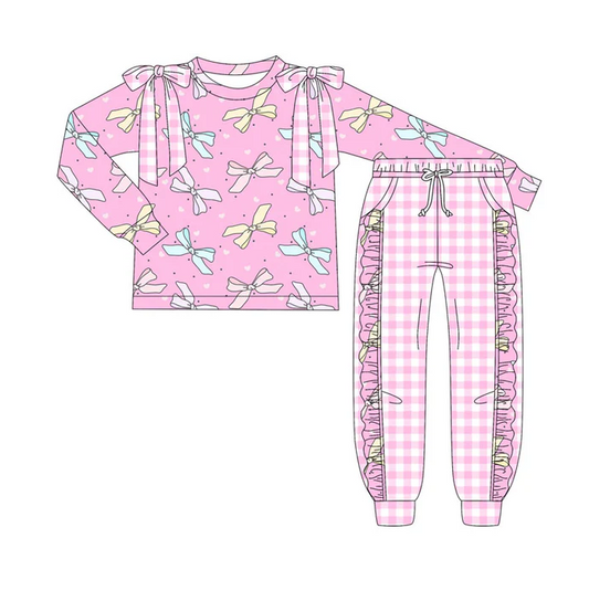 9.9 Preorder (moq 5)Baby Girls Pink Hearts Bows Top Pockets Pants Valentine Clothes Sets
