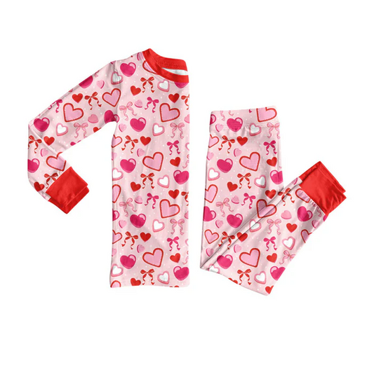 9.9 Preorder (moq 5)Baby Girls Red Hearts Bows Top Pants Valentine Pajamas Sets