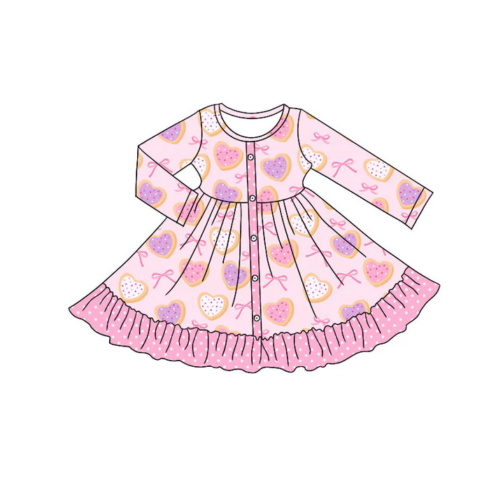 9.9 Preorder (moq 5)Baby Girls Pink Hearts Bows Button Valentine Ruffle Knee Length Dresses