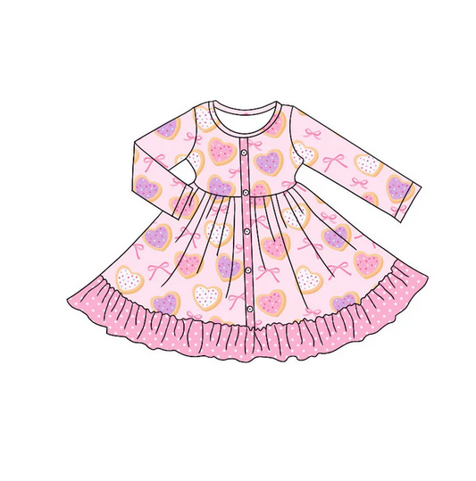9.9 Preorder (moq 5)Baby Girls Pink Hearts Bows Button Valentine Ruffle Knee Length Dresses