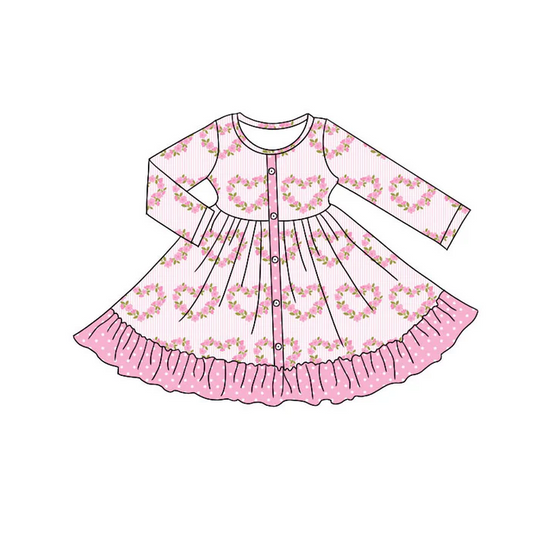 9.9  Preorder (moq 5)Baby Girls Pink Flower Hearts Button Valentine Ruffle Knee Length Dresses
