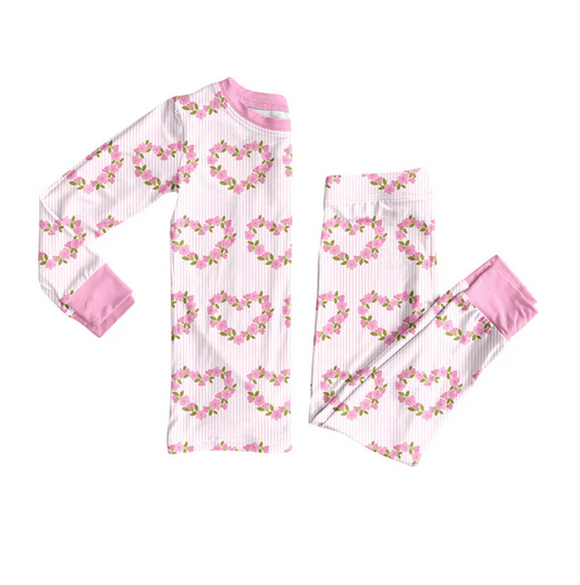 9.9 Preorder (moq 5)Baby Girls Pink Flower Hearts Top Pants Valentine Pajamas Sets