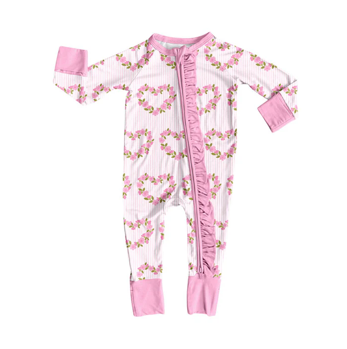 9.9 Preorder (moq 5)Baby Girls Pink Flower Hearts Valentine Ruffle Zipper Footie Rompers
