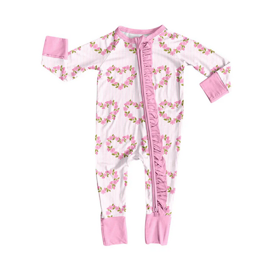 9.9 Preorder (moq 5)Baby Girls Pink Flower Hearts Valentine Ruffle Zipper Footie Rompers