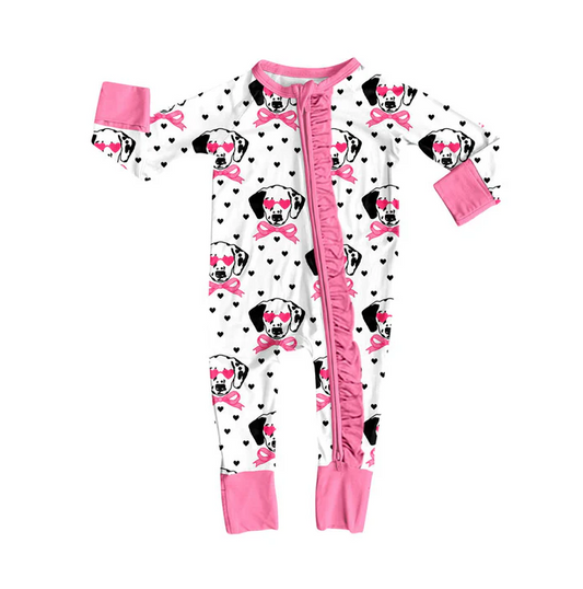 9.9 Preorder (moq 5)Baby Girls Hearts Dogs Bows Valentine Ruffle Zipper Footie Rompers