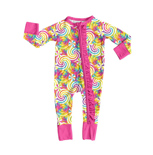 9.9 Preorder (moq 5)Baby Girls Pink Colorful Candy Ruffle Zipper Footie Rompers