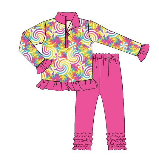 9.9 Preorder (moq 5)Baby Girls Pink Colorful Candy Zipper Pullover Ruffle Leggings Clothes Sets