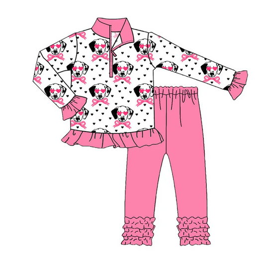 9.9 Preorder (moq 5)Baby Girls Valentine Hearts Dogs Bows Zipper Pullover Ruffle Leggings Clothes Sets