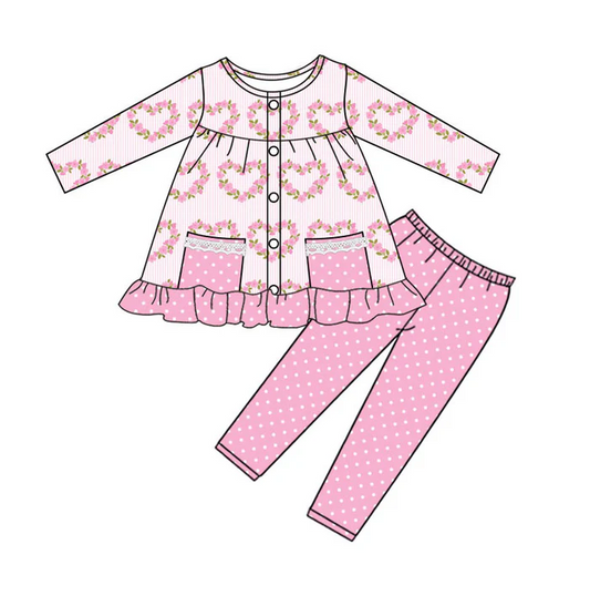 9.9 Preorder (moq 5)Baby Girls Flower Hearts Button Pockets Tunic Leggings Pant Valentine Clothes Sets