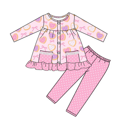 9.9 Preorder (moq 5)Baby Girls Hearts Bows Button Pockets Tunic Leggings Pant Valentine Clothes Sets