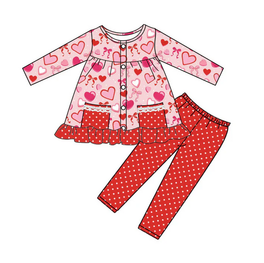 9.9 Preorder (moq 5)Baby Girls Red Hearts Bows Button Pockets Tunic Leggings Pant Valentine Clothes Sets