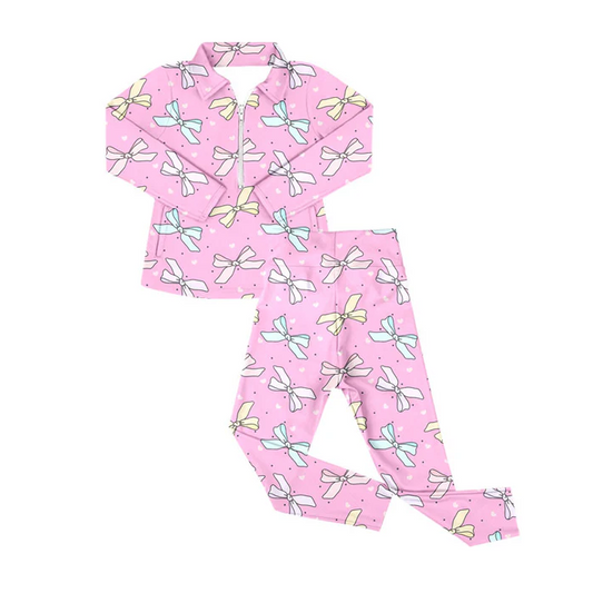 9.9 Preorder (moq 5)Baby Girls Pink Hearts Bows Zipper Pockets Pullover Leggings Pant Valentine Clothes Sets