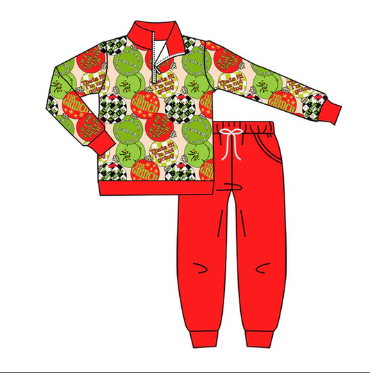 9.9  Preorder (moq 5)Baby Boys Red Green Lights Zipper Pullover Pockets Jogger Christmas Clothes Sets