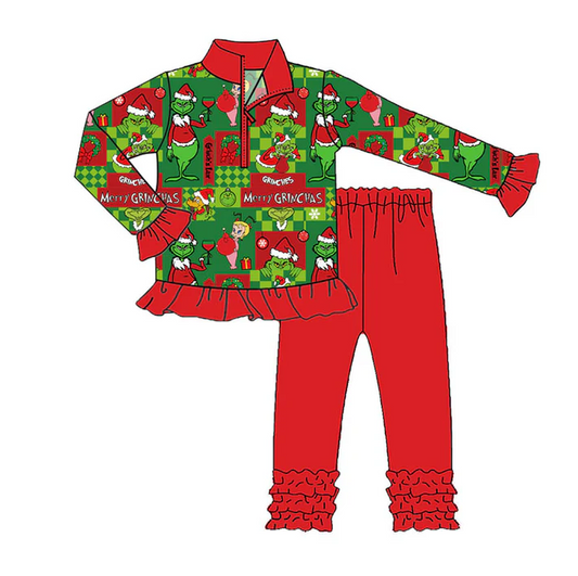 9.9 Preorder (moq 5)Baby Girls Green Faces Miss Zipper Pullover Ruffle Leggings Christmas Clothes Sets