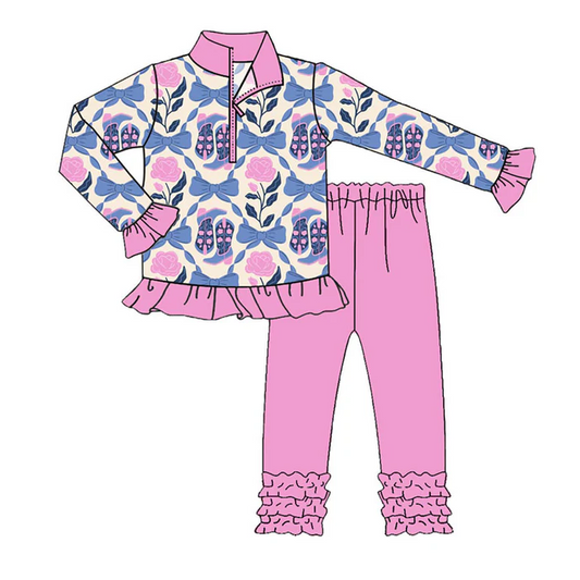 9.9 Preorder (moq 5)Baby Girls Pink Blue Flowers Bows Boots Zipper Pullover Ruffle Leggings Clothes Sets