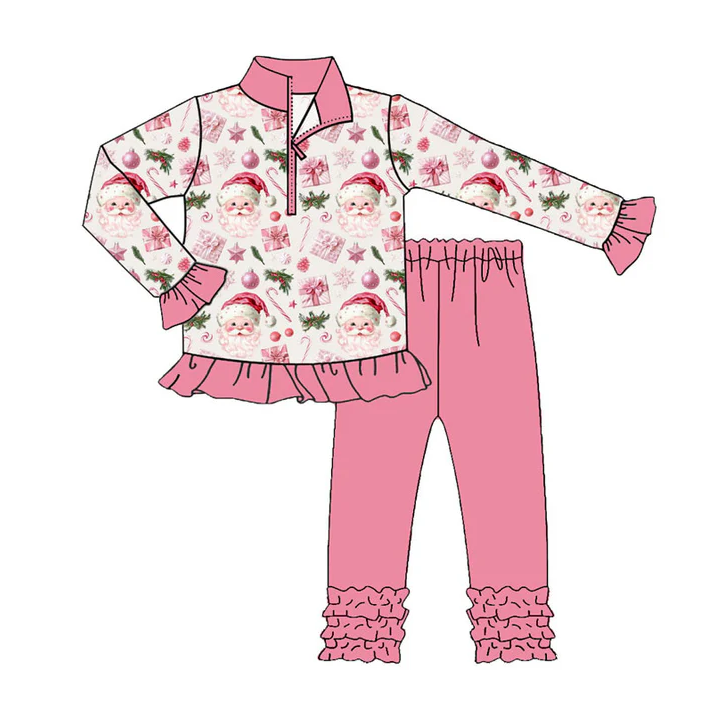 9.9 Preorder (moq 5)Baby Girls Pink Santa Lights Zipper Pullover Ruffle Leggings Christmas Clothes Sets