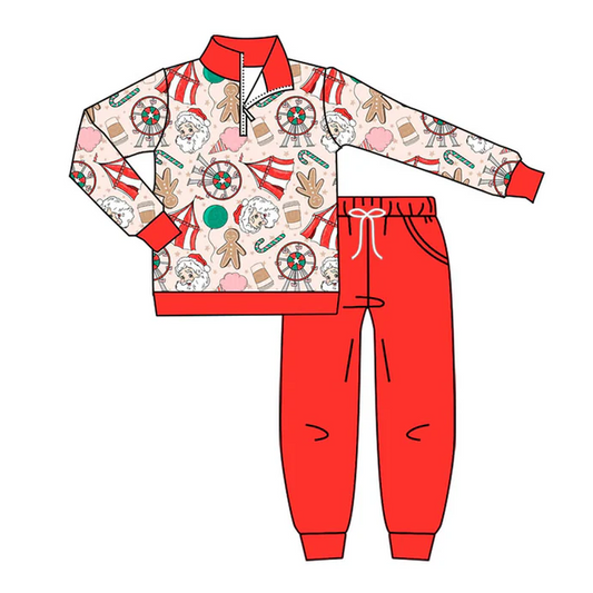 9.9 Preorder (moq 5)Baby Boys Santa Gingerbread Candy Zipper Pullover Pockets Jogger Christmas Clothes Sets
