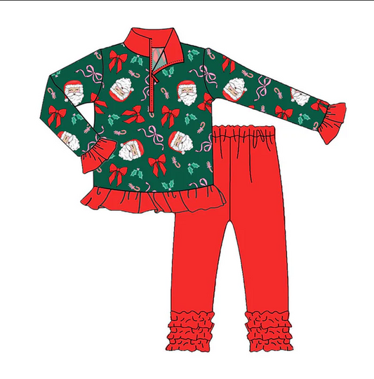 9.9 Preorder (moq 5)Baby Girls Santa Bows Holly Zipper Pullover Ruffle Leggings Christmas Clothes Sets