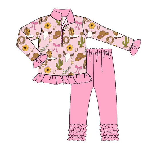 9.9 Preorder (moq 5)Baby Girls Pink Cactus Hats Bull Skulls Zipper Pullover Ruffle Leggings Western Clothes Sets