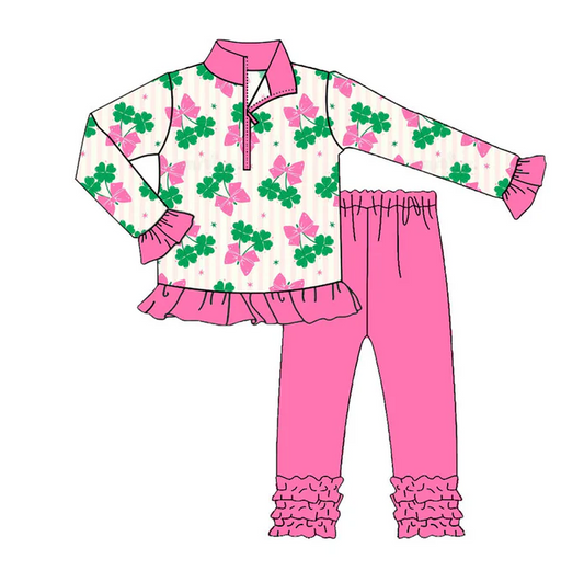 9.9 Preorder (moq 5)Baby Girls Clovers Butterfly Zipper Pullover Ruffle Leggings St Patrick Clothes Sets