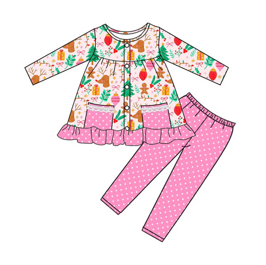 9.9 Preorder (moq 5)Baby Girls Gifts Deer Button Pockets Tunic Leggings Christmas Clothes Sets
