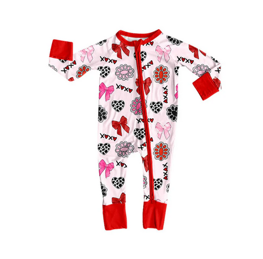 9.9 Preorder (moq 5)Baby Girls Bows Turquoises XOXO Hearts Valentine Zipper Footie Rompers