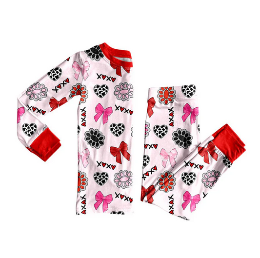 9.9 Preorder (moq 5)Baby Girls Bows Turquoises XOXO Hearts Top Pants Valentine Pajamas Sets