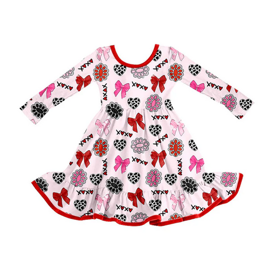 9.9  Preorder (moq 5)Baby Girls Bows Turquoises XOXO Hearts Valentine Ruffle Knee Length Dress