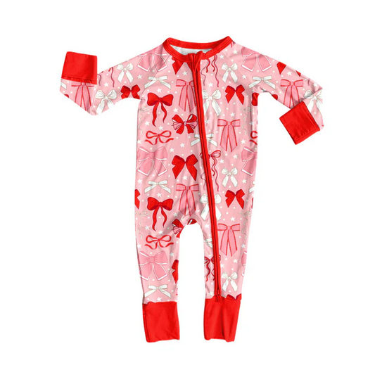 9.9 Preorder (moq 5)Baby Girls Pink Bows Stars Valentine Zipper Footie Rompers